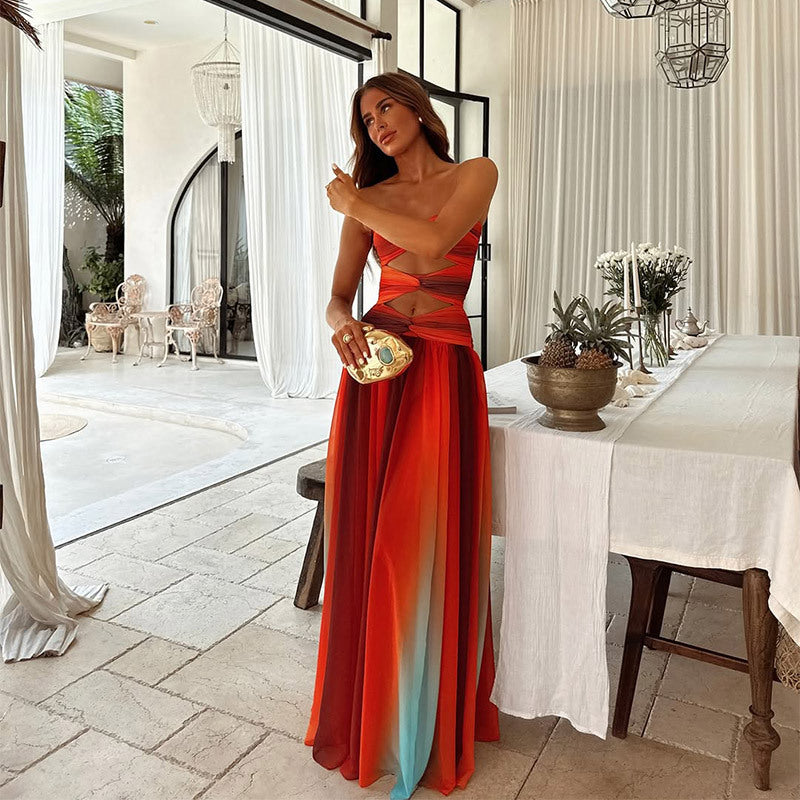 Women's strapless A-line flowy maxi dress in a multicolour print