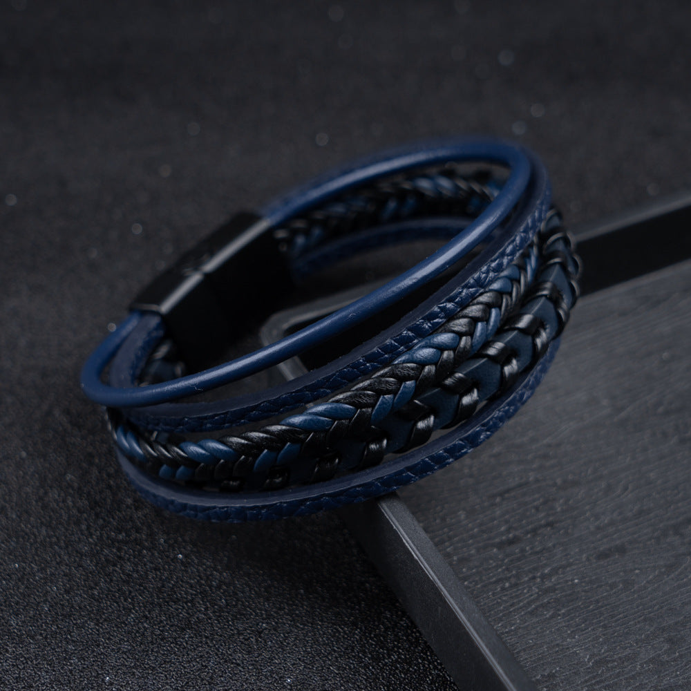 Kessoro men's braided Norse-inspired magnetic clasp bracelet in blue, brown and black