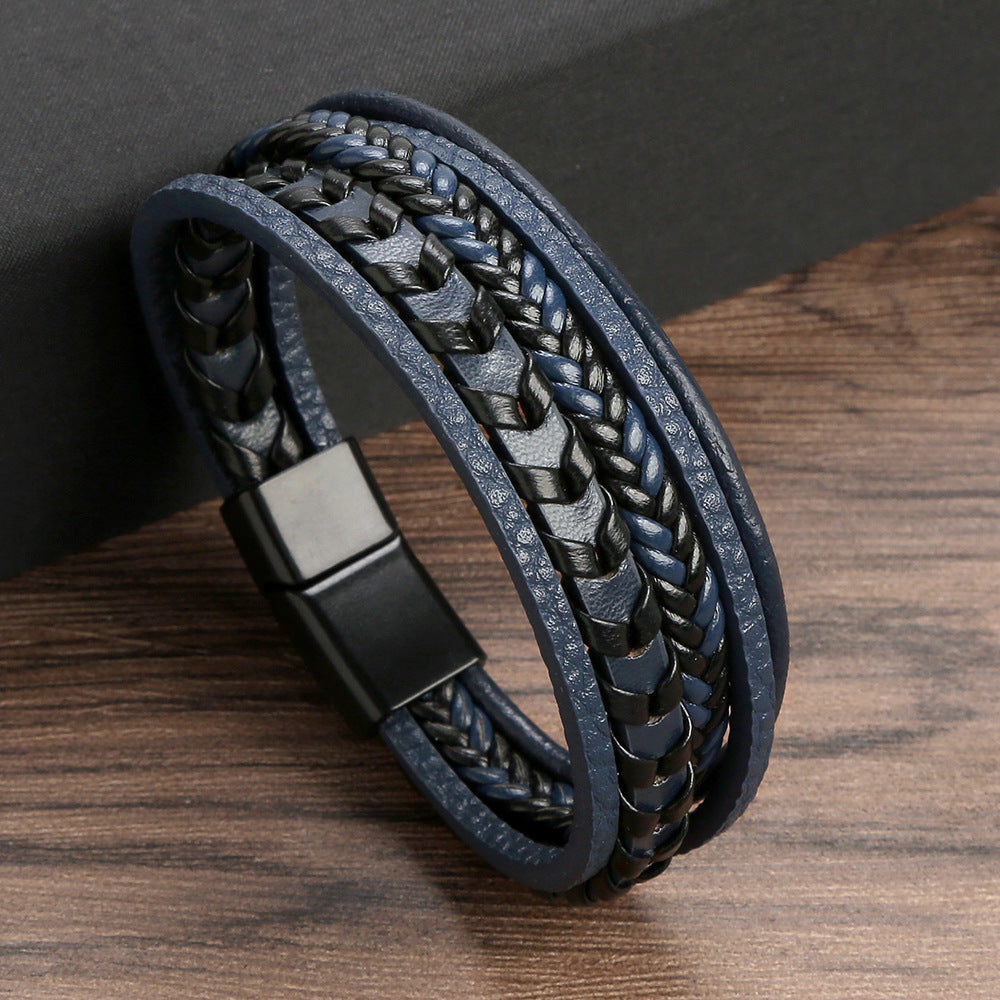 Kessoro men's braided Norse-inspired magnetic clasp bracelet in blue, brown and black