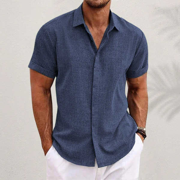 Kessoro men's classic collared linen-blend button shirt in green, black, grey, blue and white
