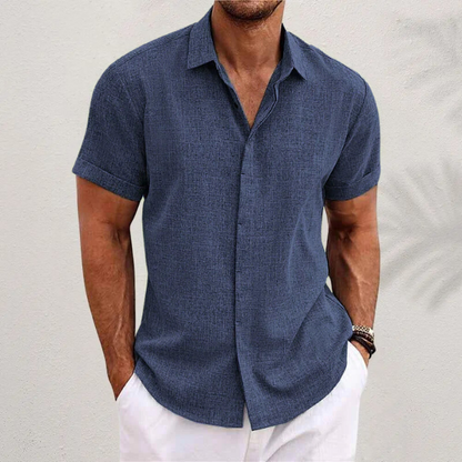 Kessoro men's classic collared linen-blend button shirt in green, black, grey, blue and white