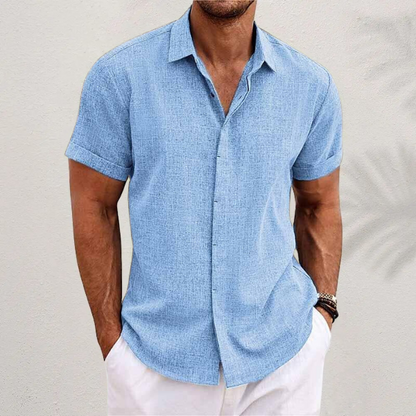 Kessoro men's classic collared linen-blend button shirt in green, black, grey, blue and white