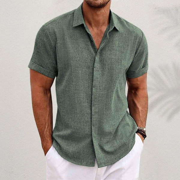 Kessoro men's classic collared linen-blend button shirt in green, black, grey, blue and white