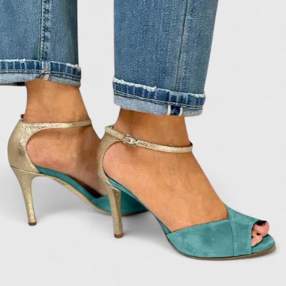 Women's teal suede strap heels with gold accents