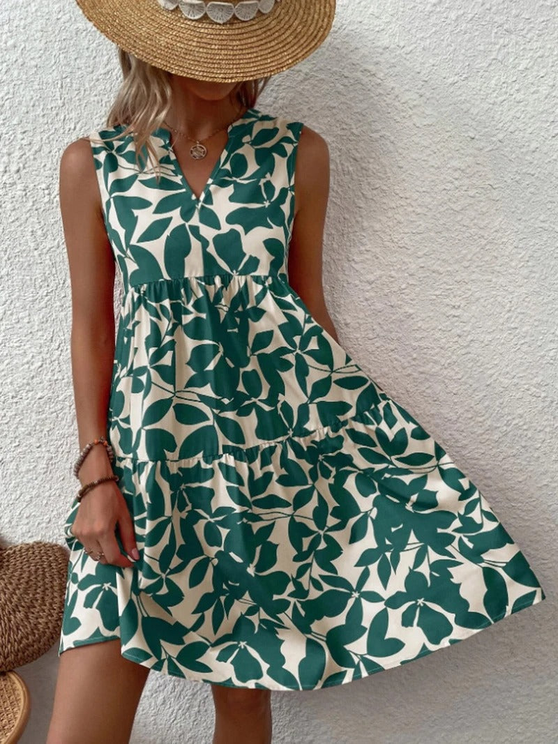 Women's boho floral short dress with a V neckline and fine straps in black, blue, green and orange