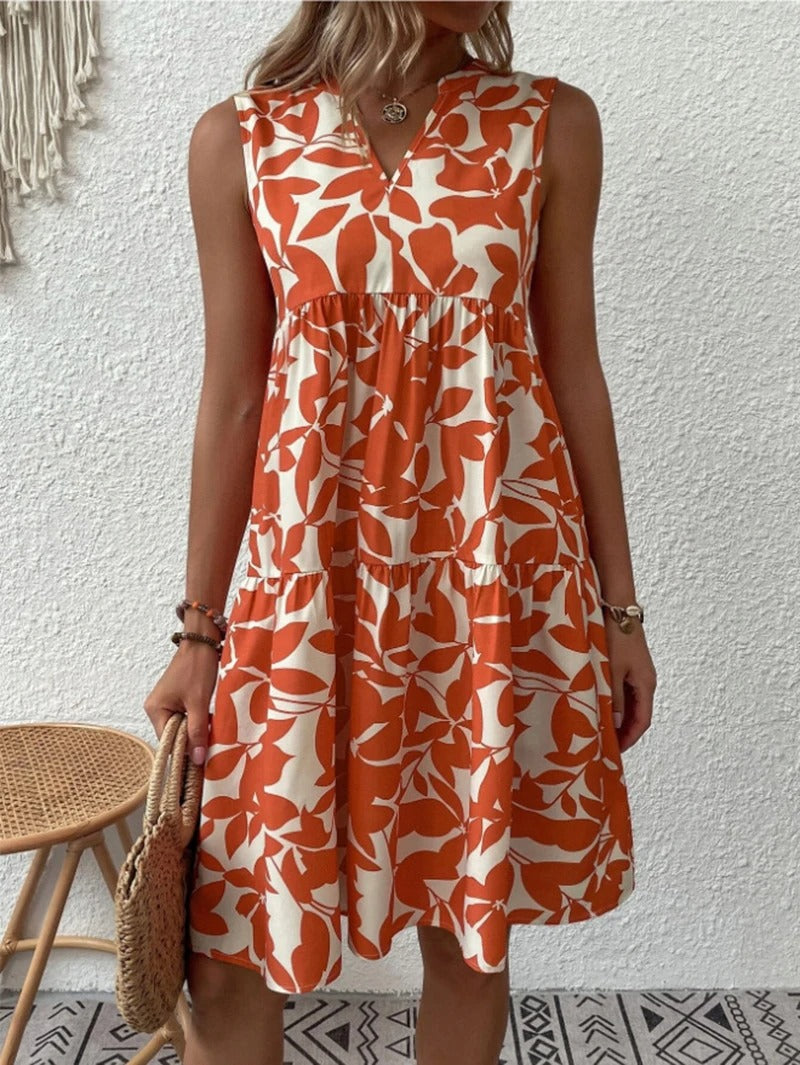 Women's boho floral short dress with a V neckline and fine straps in black, blue, green and orange