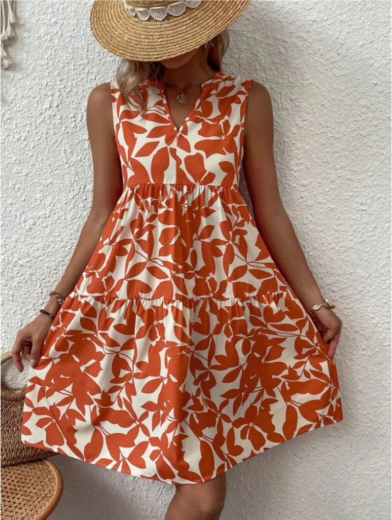 Women's boho floral short dress with a V neckline and fine straps in black, blue, green and orange