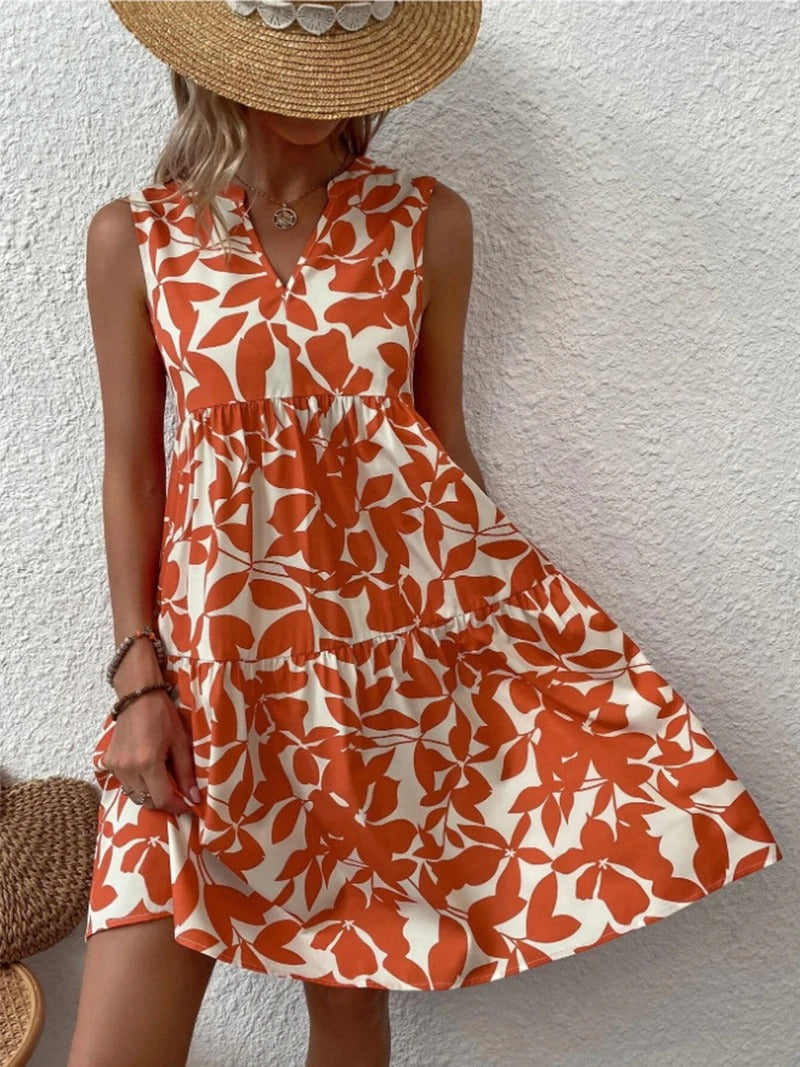 Women's boho floral short dress with a V neckline and fine straps in black, blue, green and orange