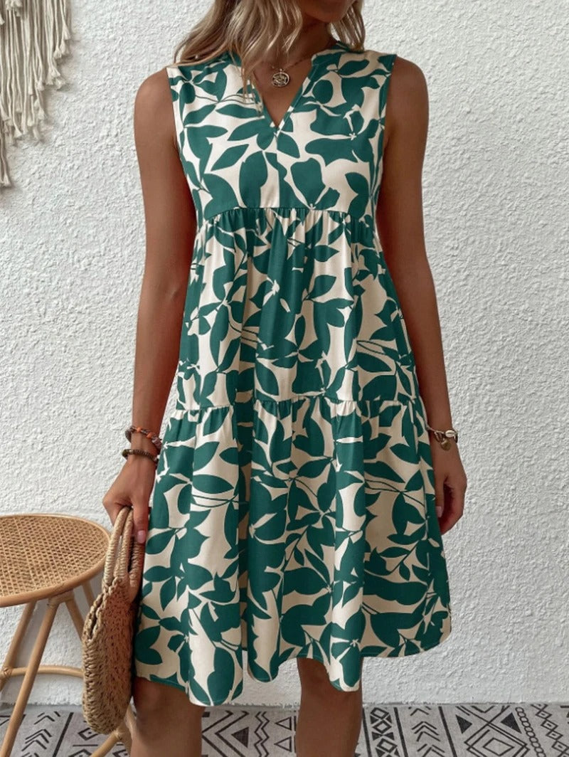 Women's boho floral short dress with a V neckline and fine straps in black, blue, green and orange