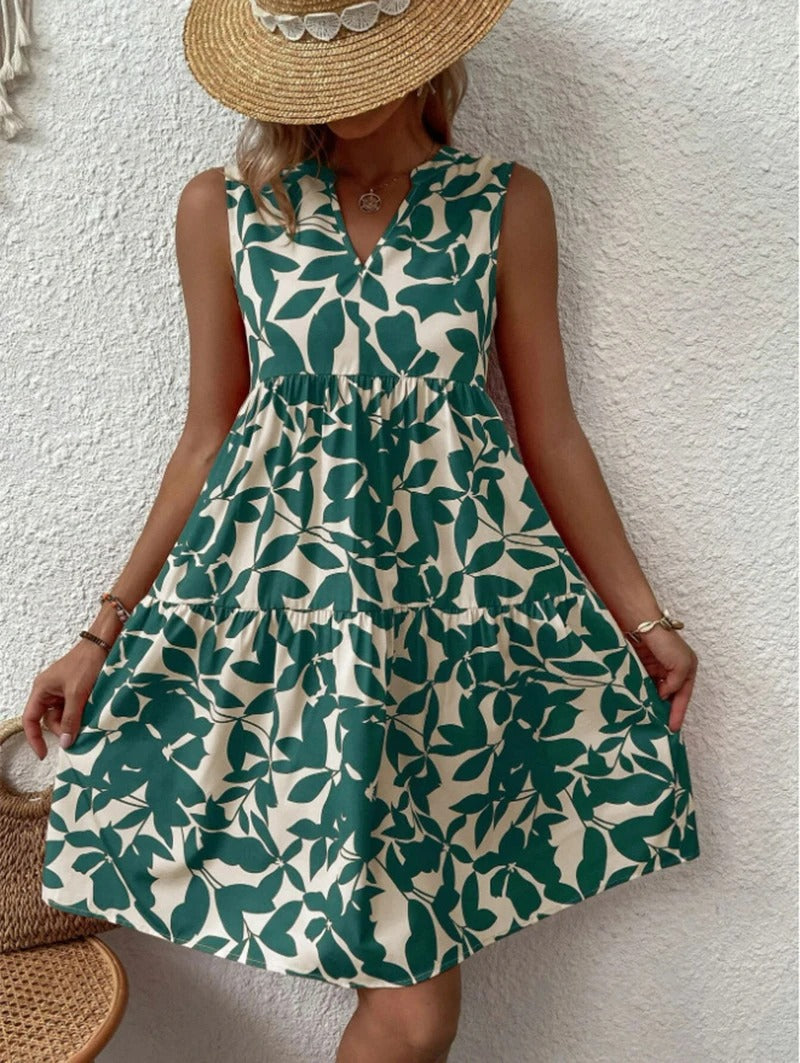 Women's boho floral short dress with a V neckline and fine straps in black, blue, green and orange