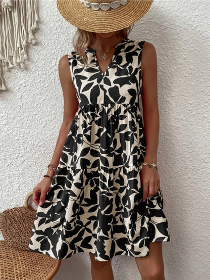 Women's boho floral short dress with a V neckline and fine straps in black, blue, green and orange