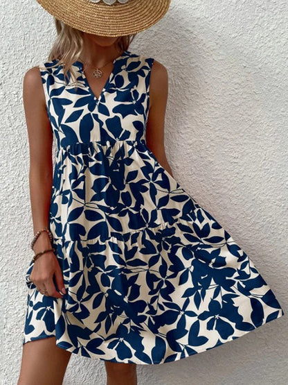 Women's boho floral short dress with a V neckline and fine straps in black, blue, green and orange