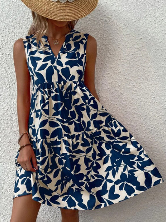 Women's boho floral short dress with a V neckline and fine straps in black, blue, green and orange