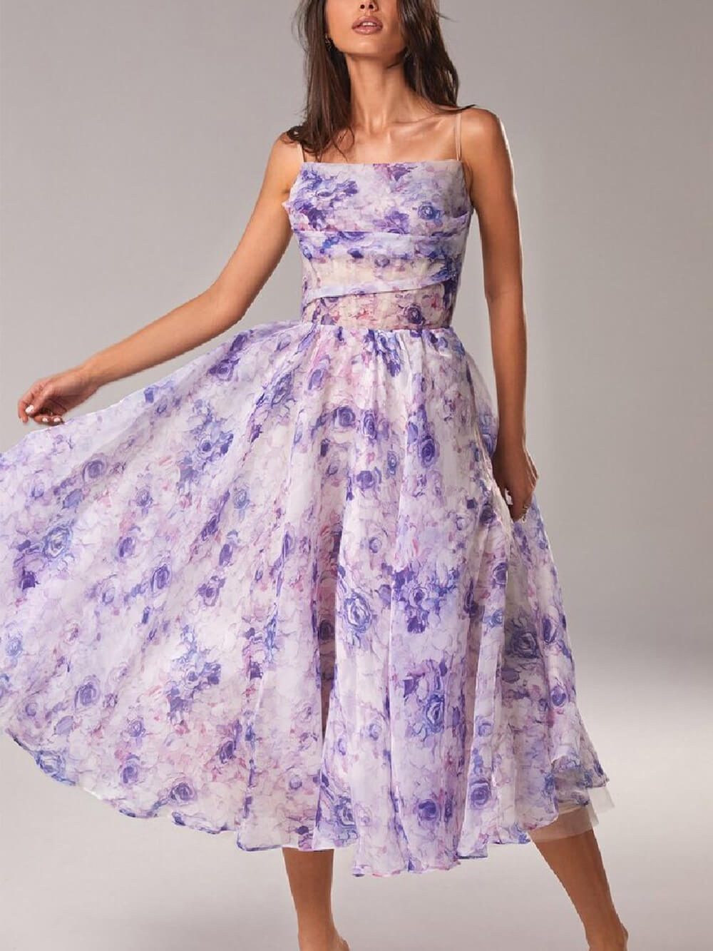 Kessoro women's floral print flowing midi dress in pink and purple, image 2 of 4