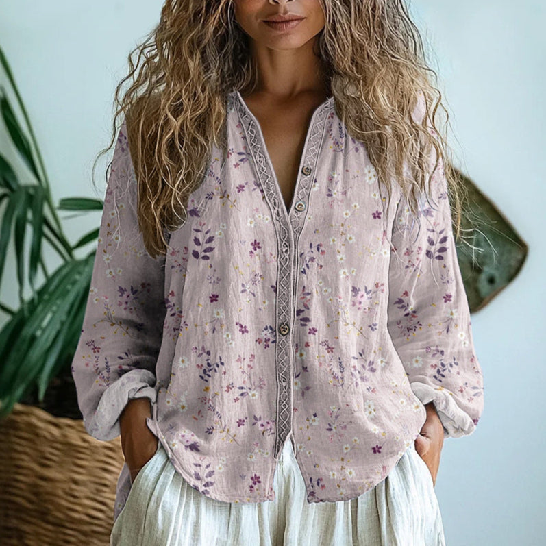 Women's vintage leaf print button-down blouse in lightweight fabric