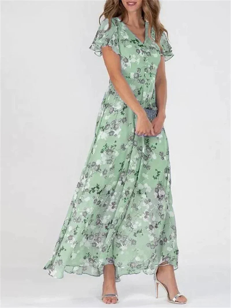 Kessoro Women's Ruffle Sleeve Floral Print High-Waist Dress — view 3