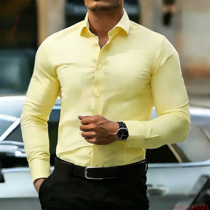 Men's long-sleeve solid business casual shirt, cuff detail