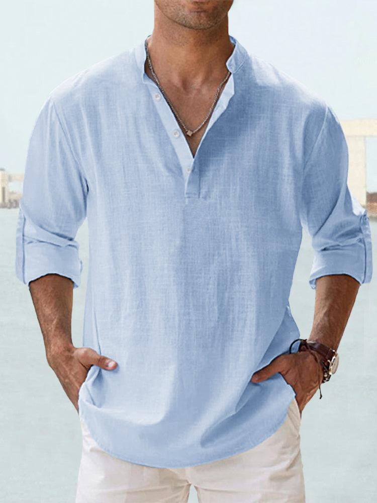 Men's breathable tailored button-up shirt in a neutral and pastel colour range, shown for menswear styling