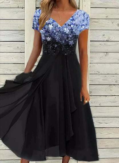 Kessoro women's floral flowing evening occasion dress in blue black, pink black, gold black, pink blue, silver blue and gold blue