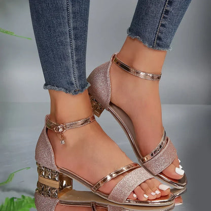 Women's elegant ankle-strap block-heel sandals in a metallic finish
