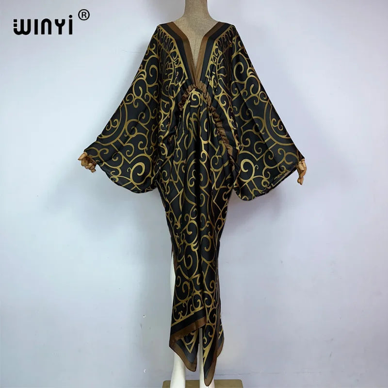 Women's printed V-neck long beach kimono robe, size and fit reference