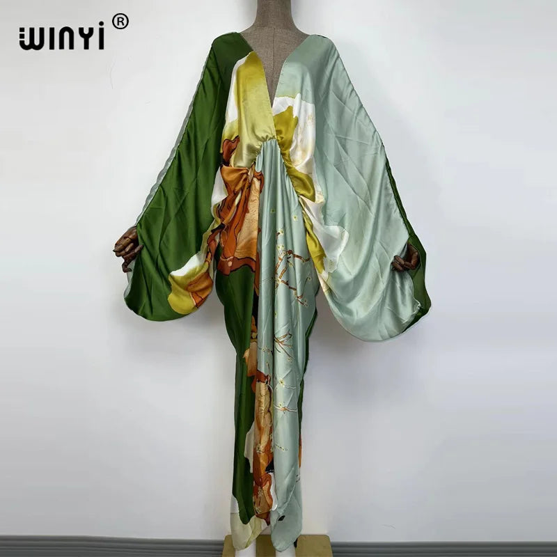 Women's printed V-neck long beach kimono robe, sleeve detail