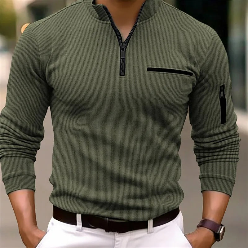 Men's classic quarter-zip knit sweater with arm pocket