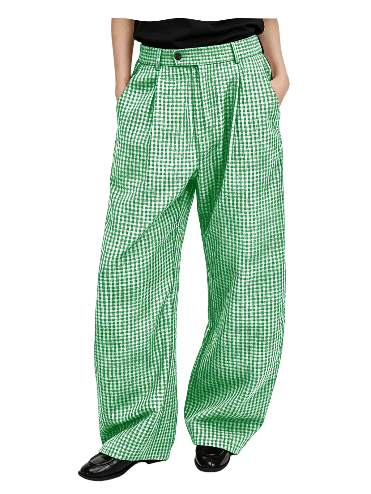 Men's wide-leg cotton linen plaid trousers, plaid fabric detail
