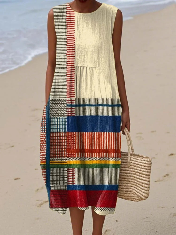 Women's sleeveless geometric print straight midi dress in yellow, orange, beige or black