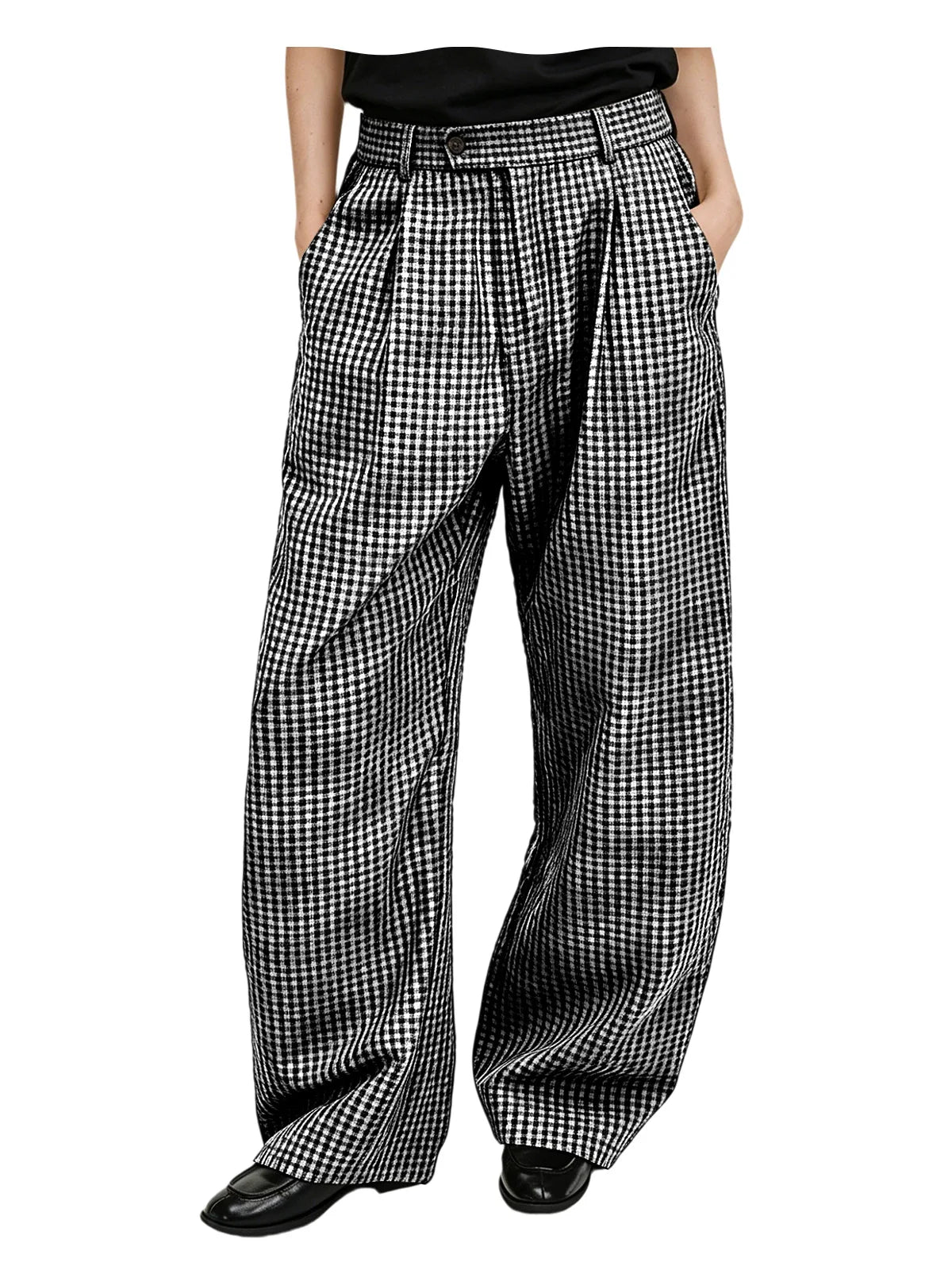 Kessoro Men's Wide-Leg Cotton Linen Plaid Trousers — view 9