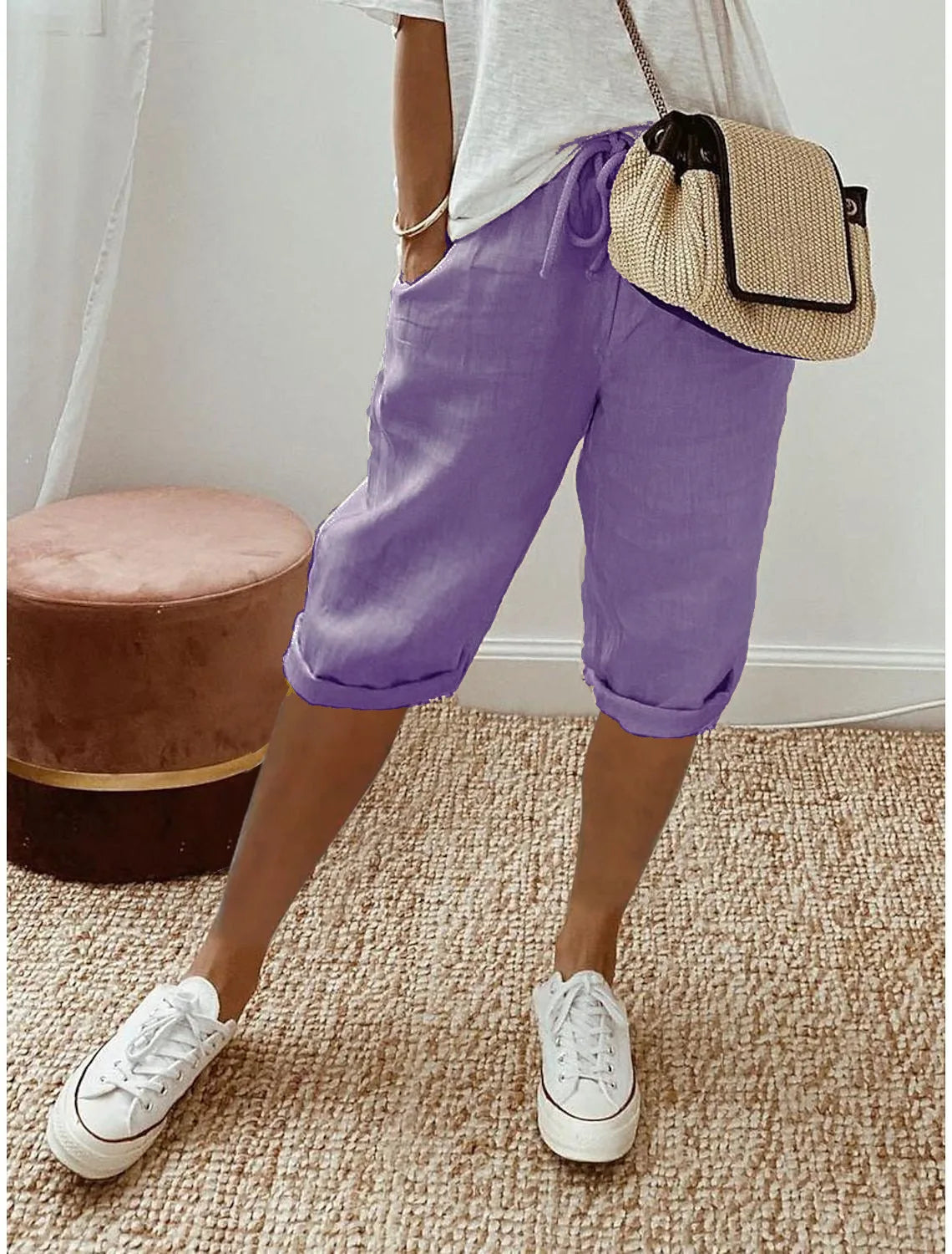 Women's cotton linen elastic-waist casual shorts, side view