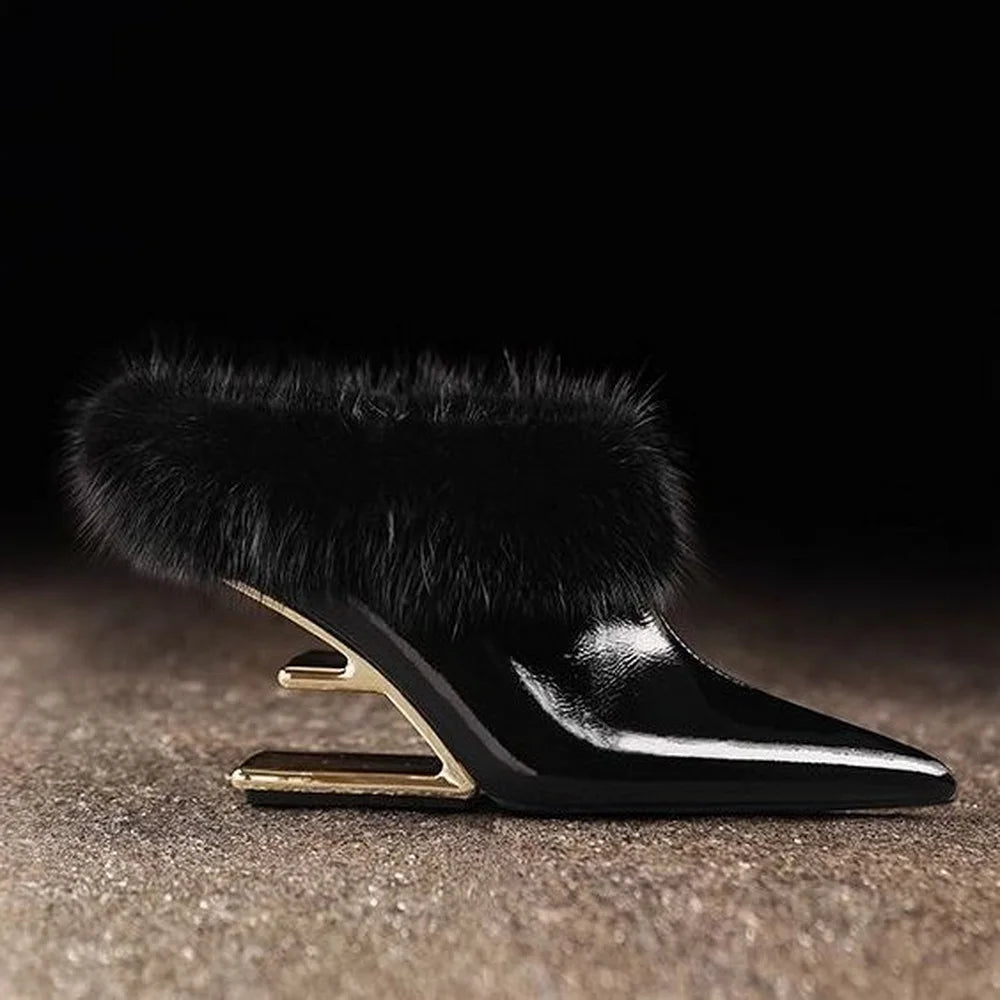 Women's pointed toe fur trim wedge heels in brown and black