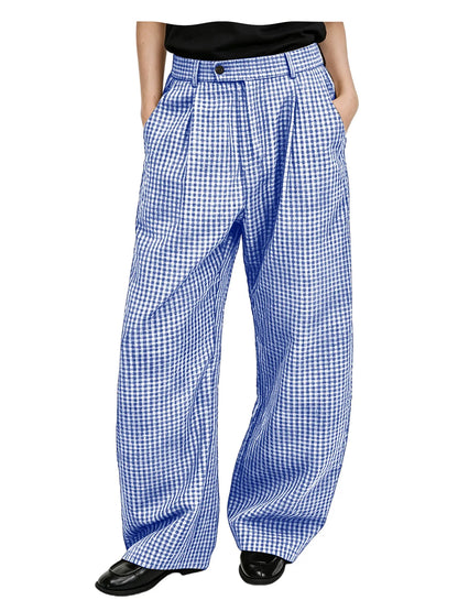 Men's wide-leg cotton linen plaid trousers, front view