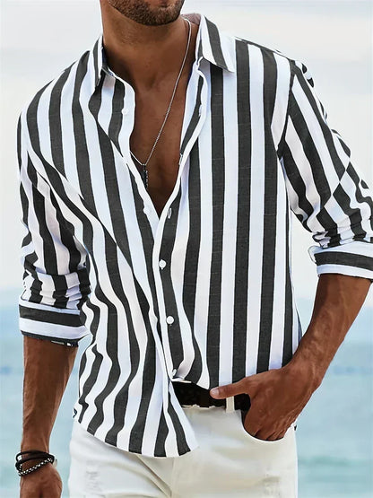 Kessoro men's vertical striped relaxed-fit casual shirt in pink, black, light grey, blue and red
