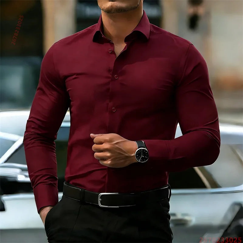 Men's long-sleeve solid business casual shirt, front view on model