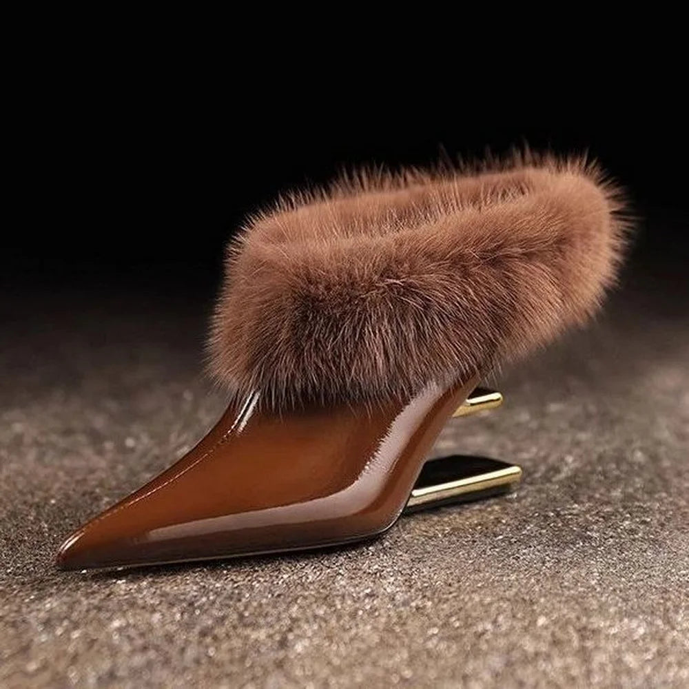 Women's pointed toe fur trim wedge heels in brown and black