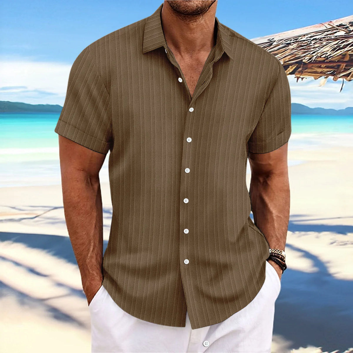 Men's lightweight knit open-front cardigan, side view
