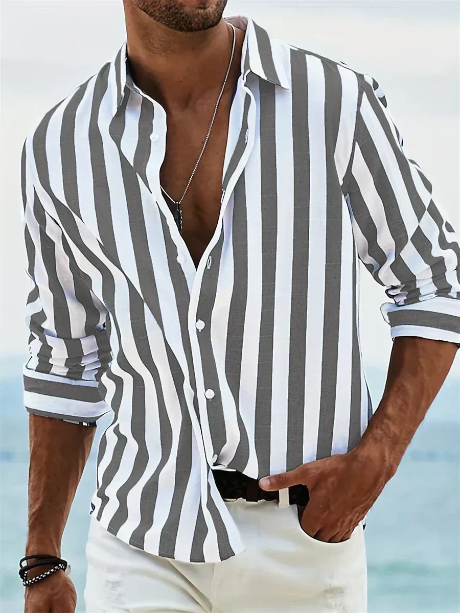 Kessoro men's vertical striped relaxed-fit casual shirt in pink, black, light grey, blue and red