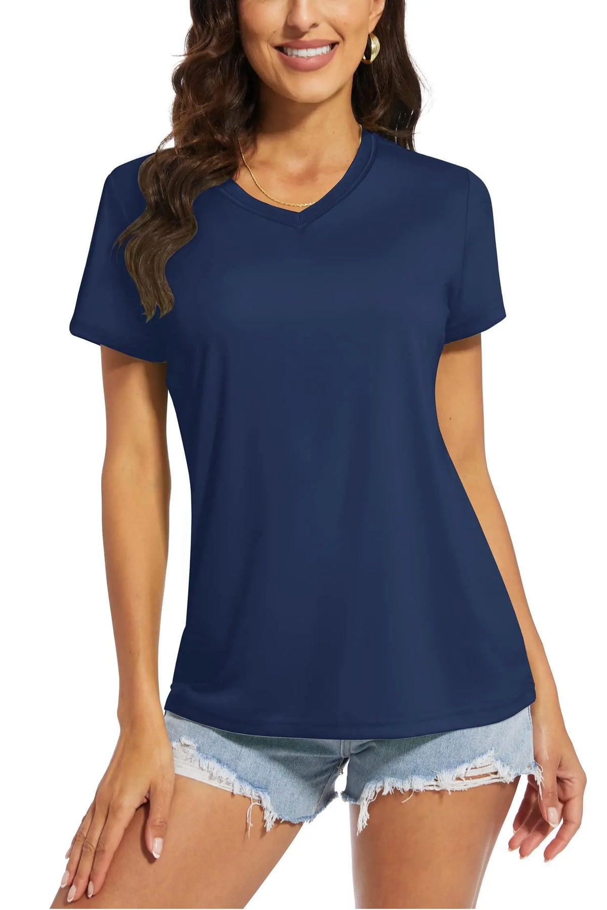Women's quick-dry V-neck sun protection tee, texture close-up