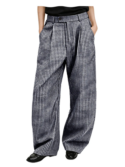 Kessoro Men's Wide-Leg Cotton Linen Plaid Trousers — view 12