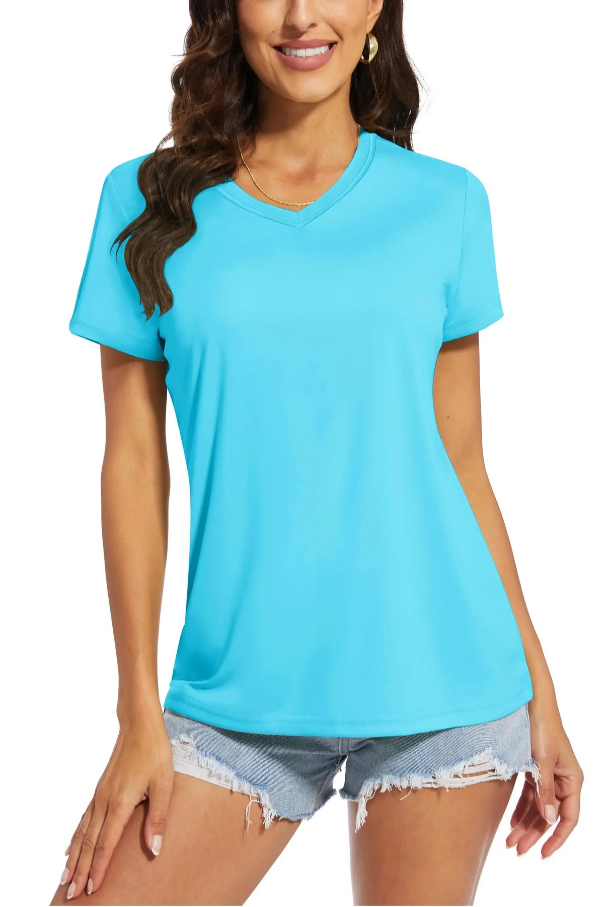 Women's quick-dry V-neck sun protection tee, size and fit reference