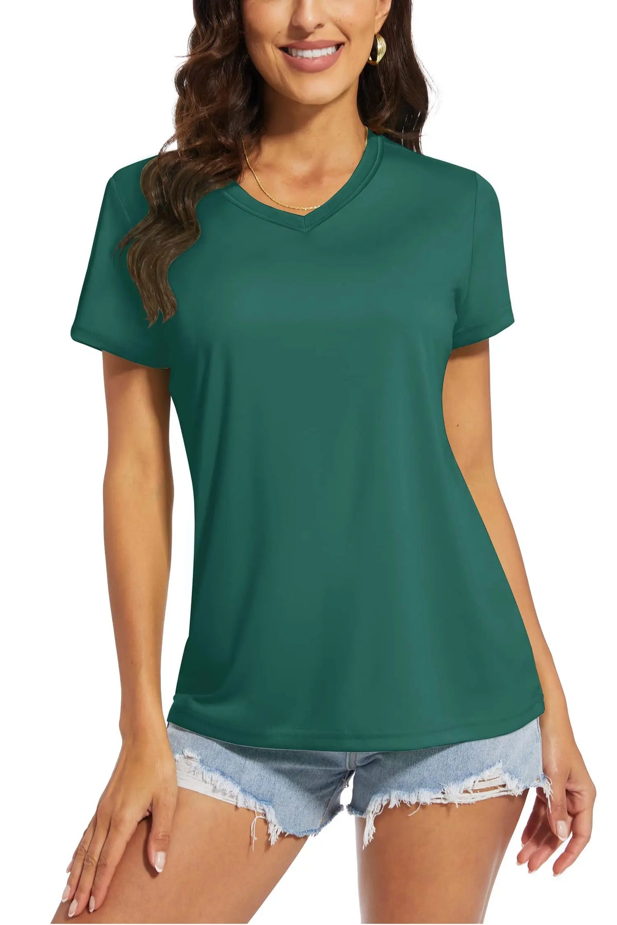 Women's quick-dry V-neck sun protection tee, close-up detail