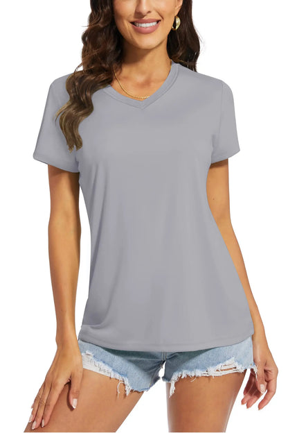 Women's quick-dry V-neck sun protection tee, front view