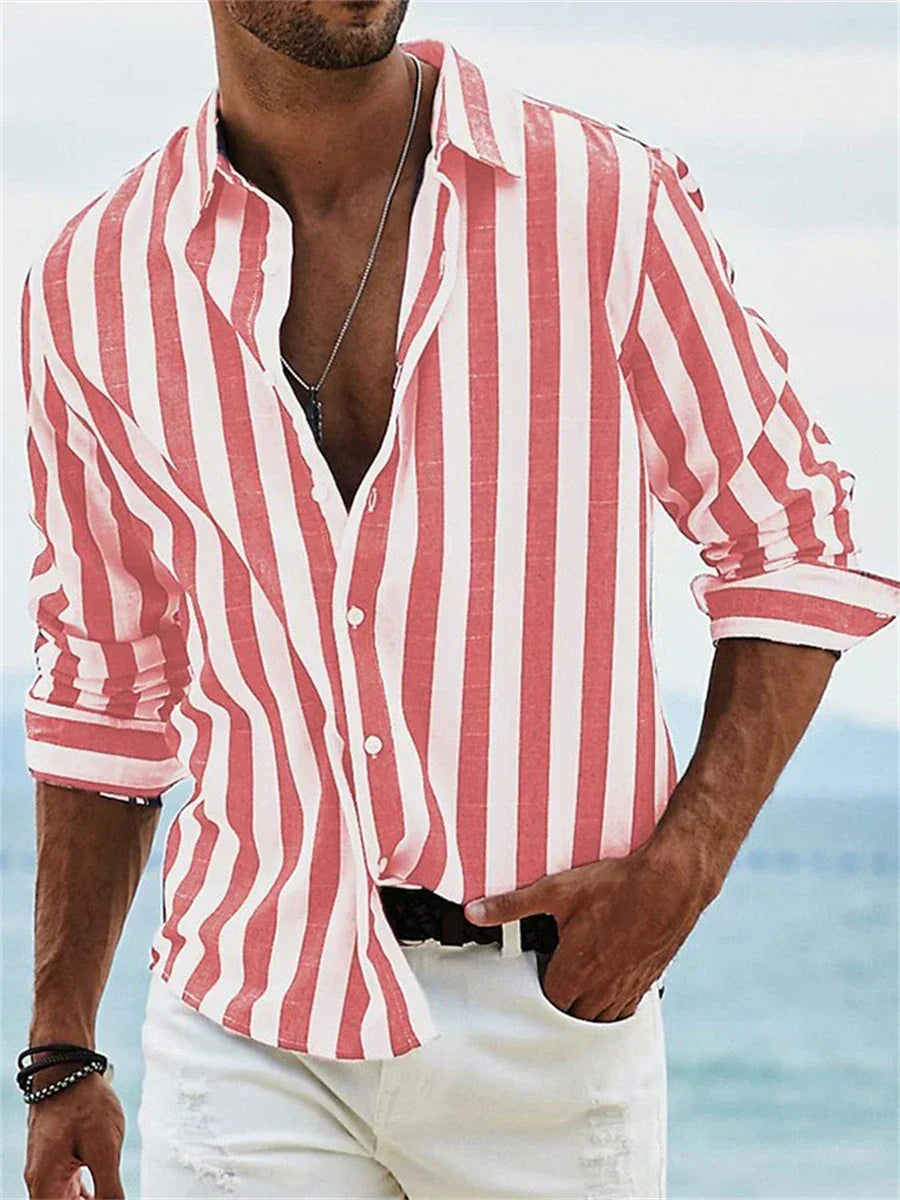 Kessoro men's vertical striped relaxed-fit casual shirt in pink, black, light grey, blue and red