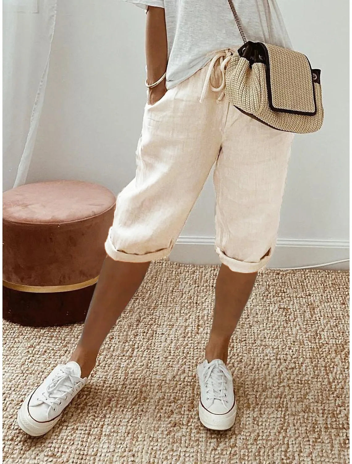Kessoro Women's Cotton Linen Elastic-Waist Casual Shorts — view 12