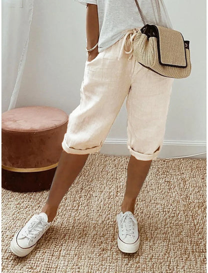 Kessoro Women's Cotton Linen Elastic-Waist Casual Shorts — view 12