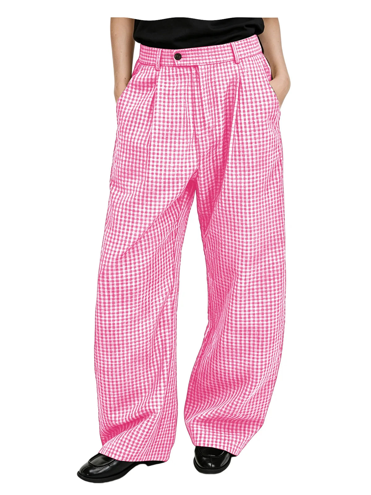 Men's wide-leg cotton linen plaid trousers, hem detail