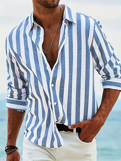 Kessoro men's vertical striped relaxed-fit casual shirt in pink, black, light grey, blue and red