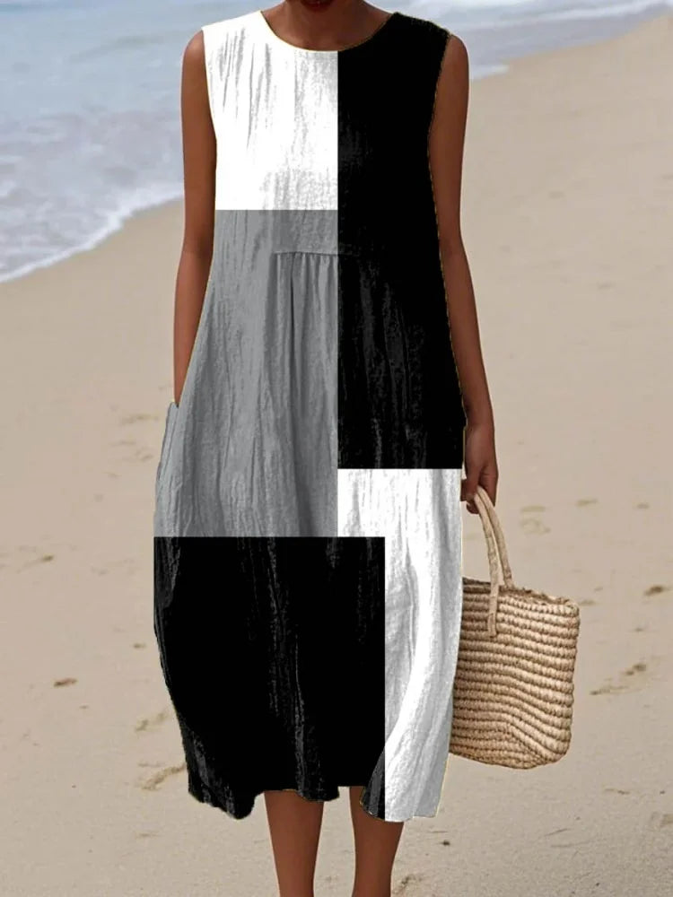 Women's sleeveless geometric print straight midi dress in yellow, orange, beige or black