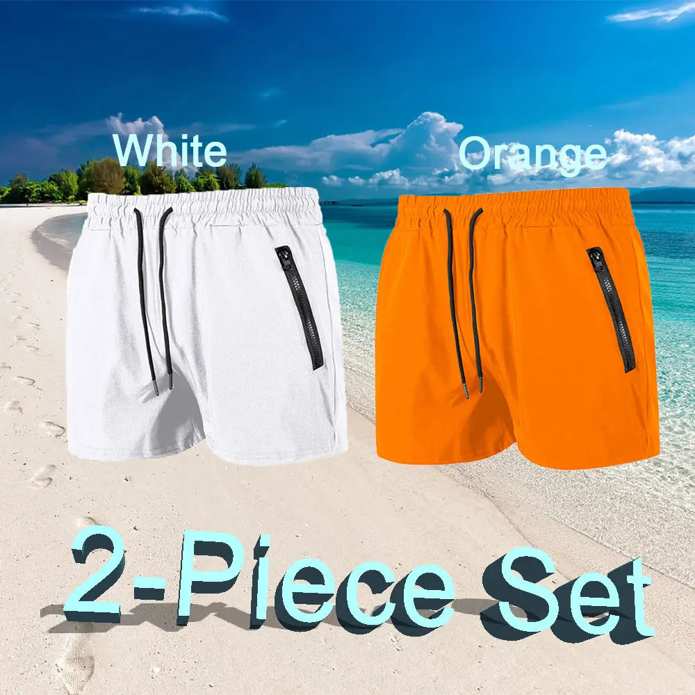 Men's solid colour drawstring swim trunks, worn